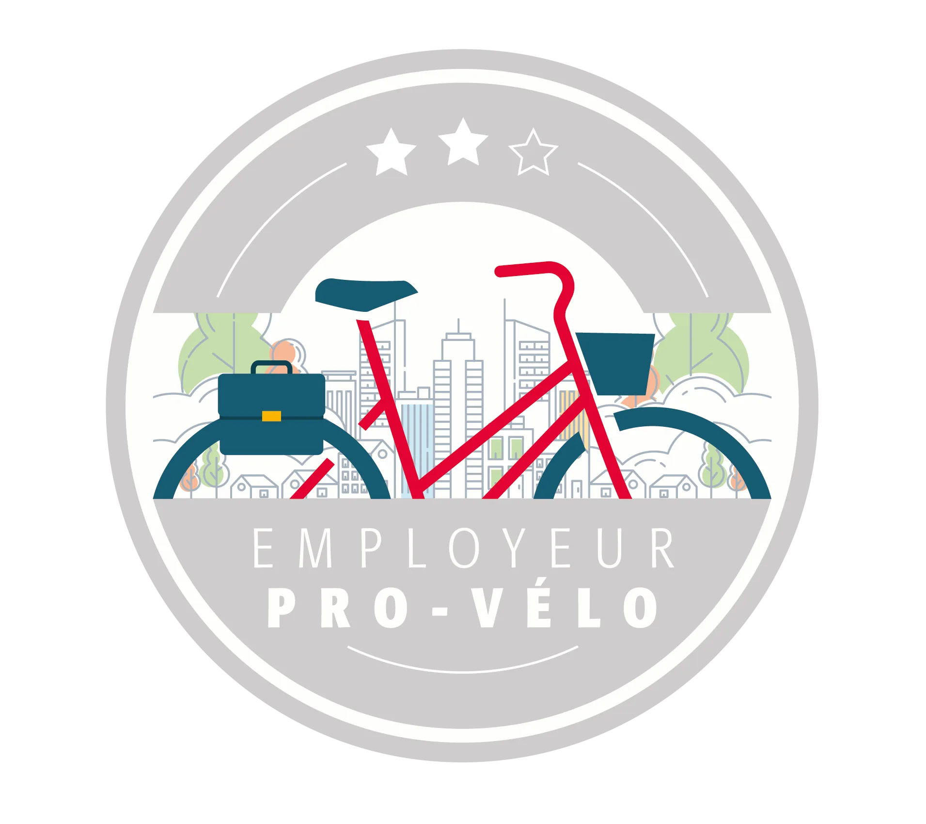 DCI Environnement - Limiter l'impact de l'entreprise - Mobilité - Logo Employeur Pro Vélo Logo circulaire Employeur Pro-Vélo avec un vélo rouge.