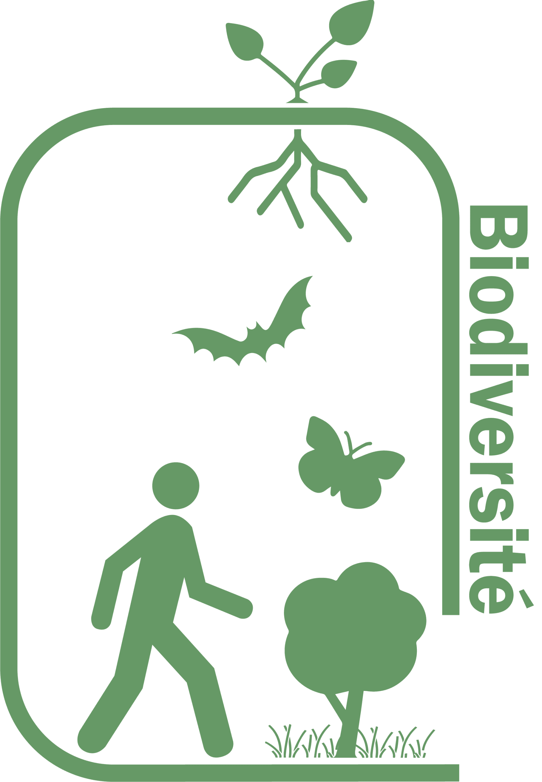 Logo vert Biodiversité avec humain, animaux et flore stylisés.