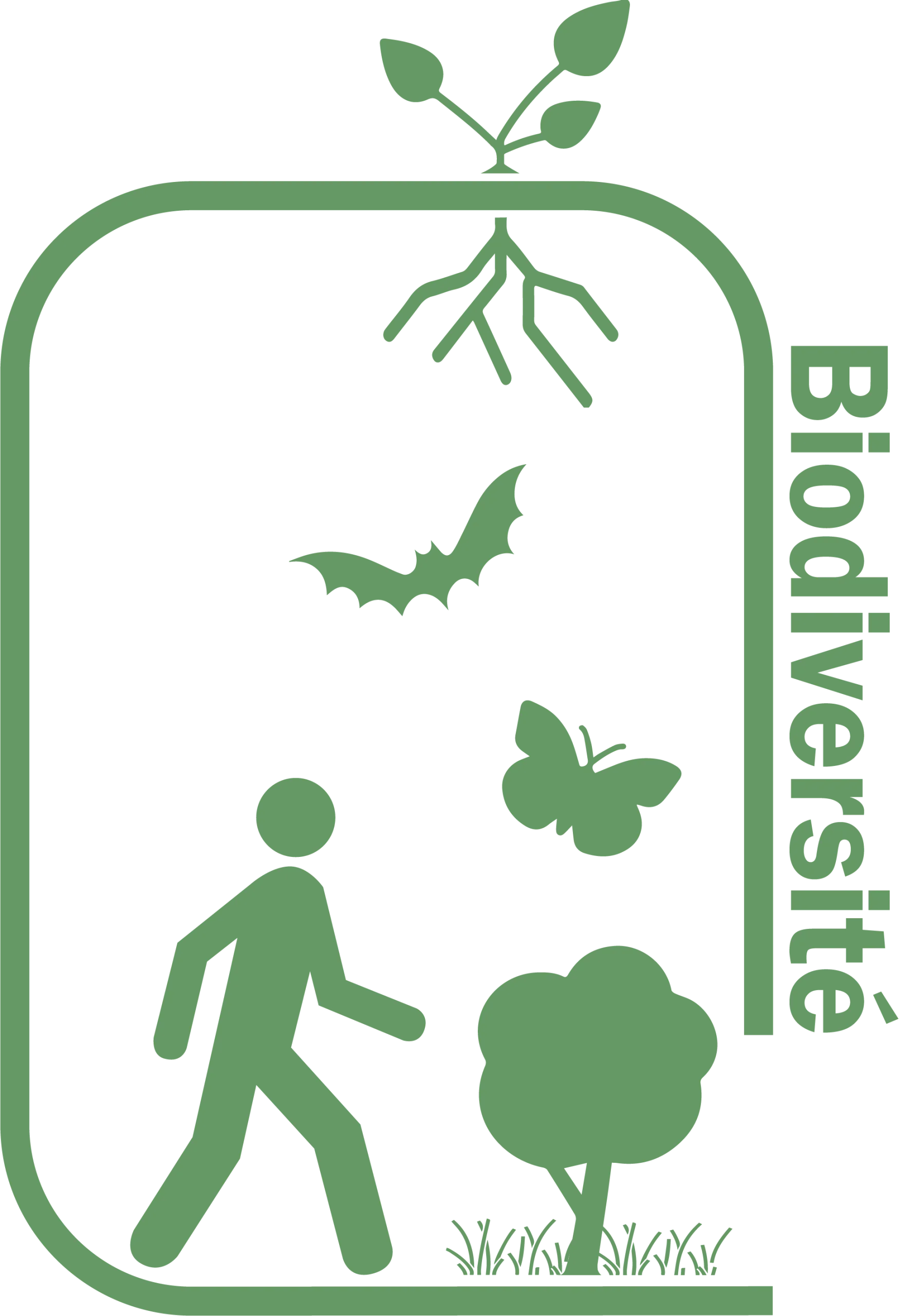 Logo vert Biodiversité avec humain, animaux et flore stylisés.