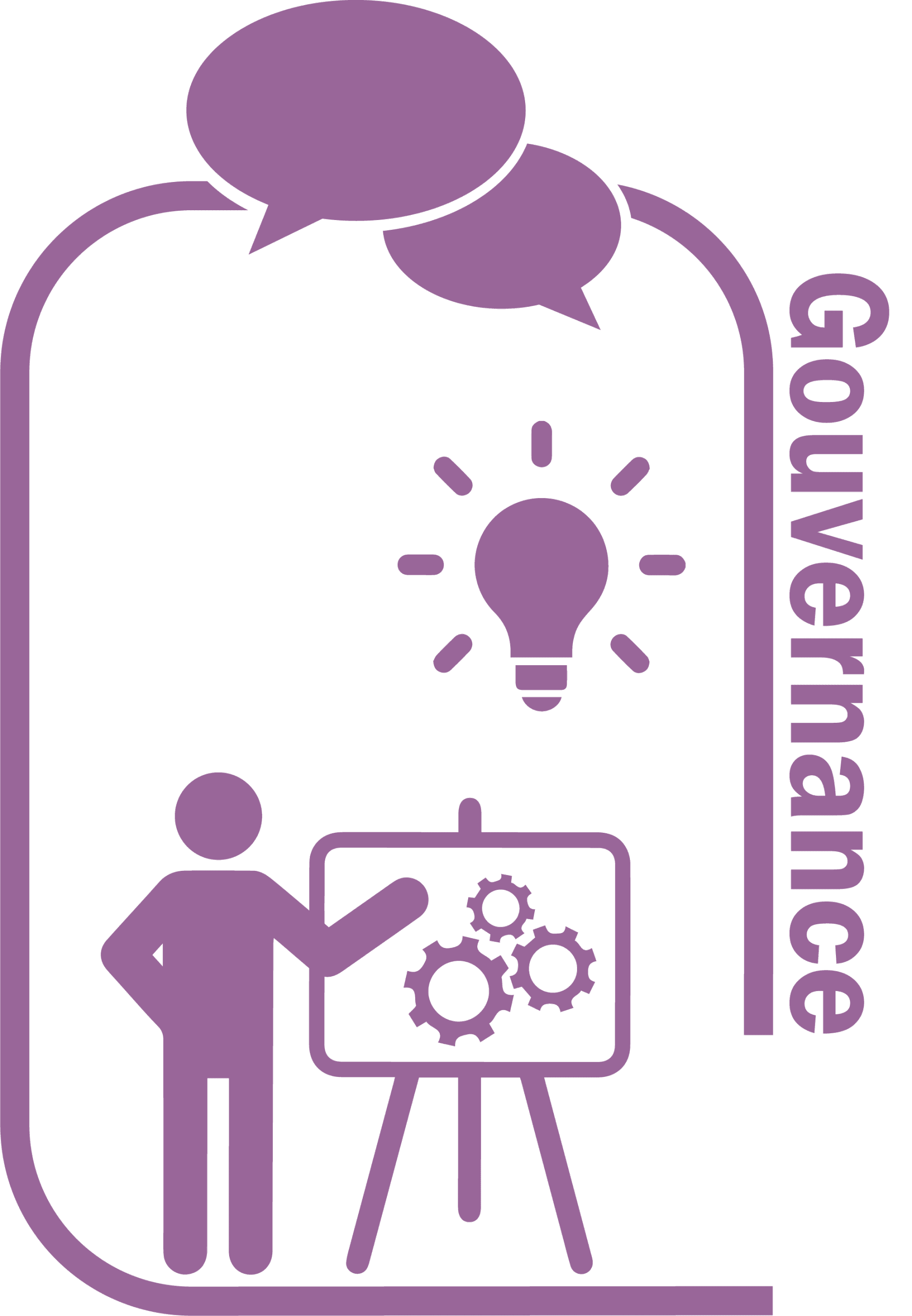 Pictogramme mauve illustrant la gouvernance, l'innovation et le dialogue.