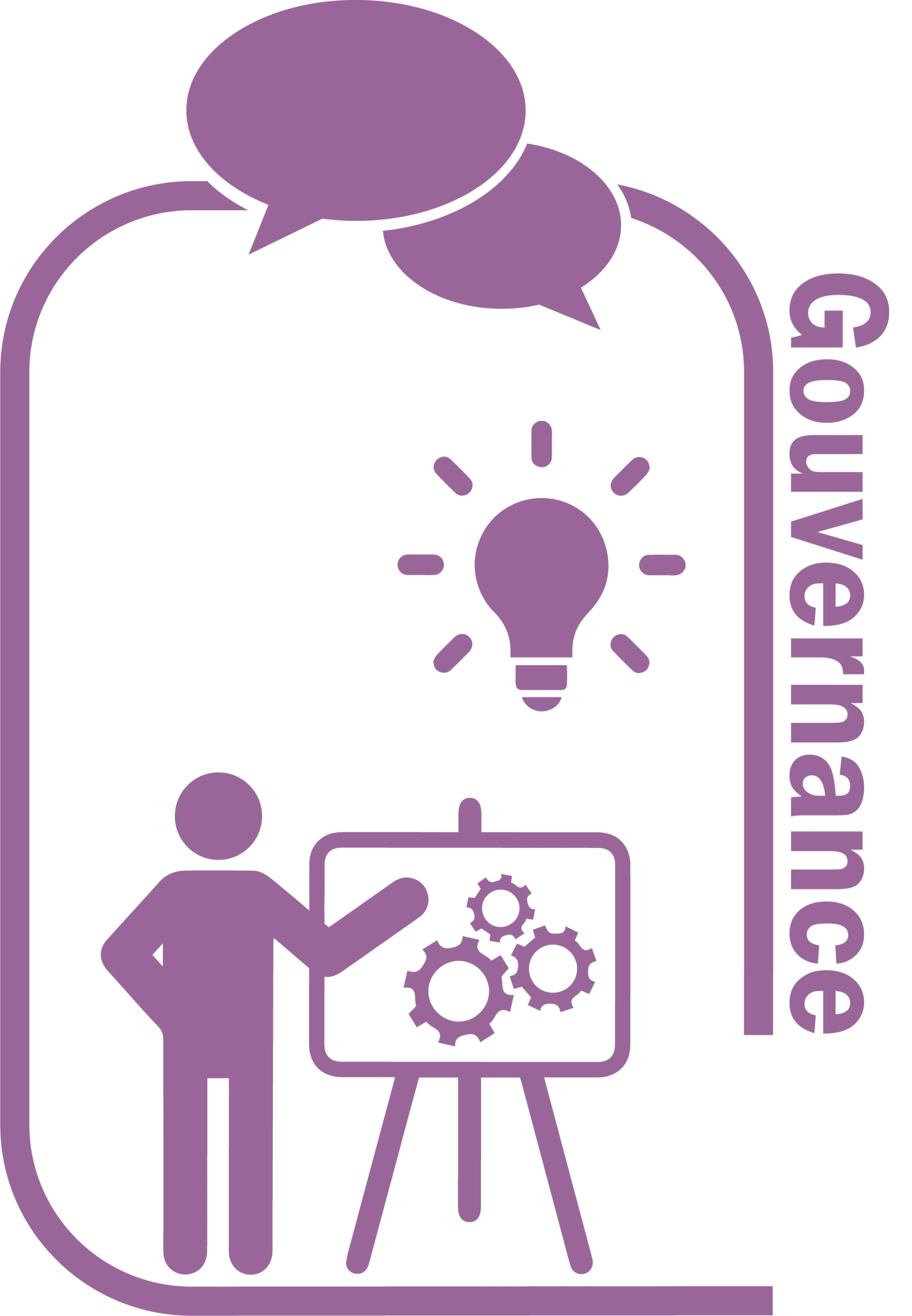 Pictogramme mauve illustrant la gouvernance, l'innovation et le dialogue.