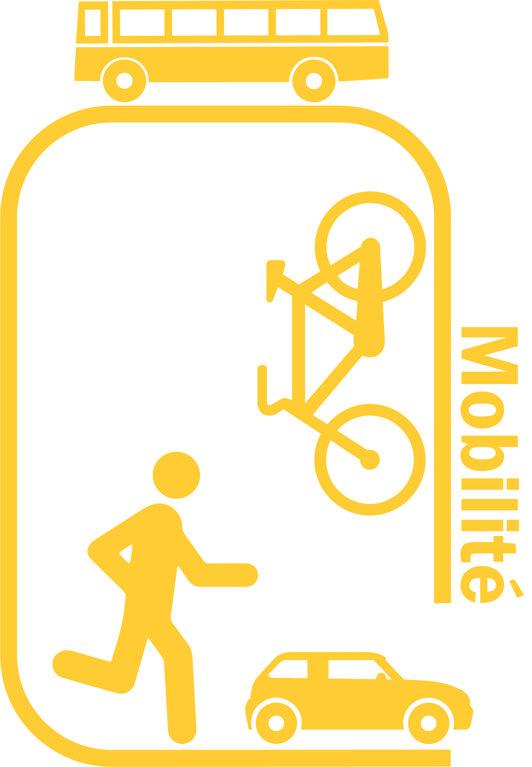 Icônes jaunes de transport : bus, vélo, piéton et voiture.