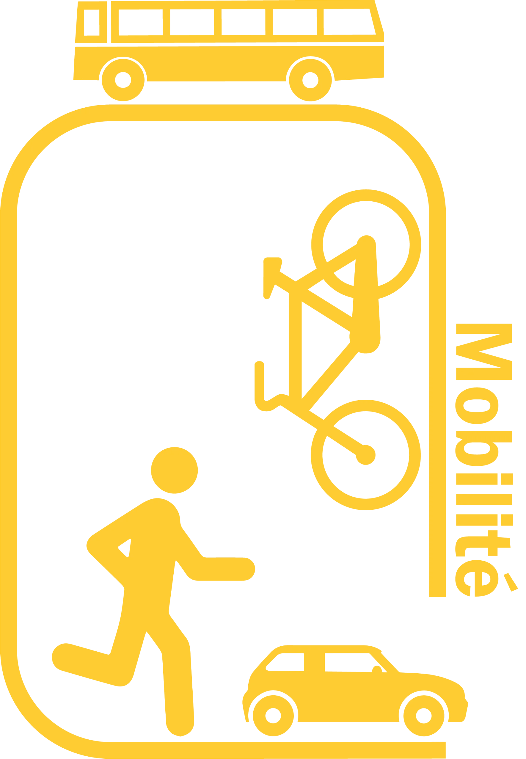 Icônes jaunes de transport : bus, vélo, piéton et voiture.