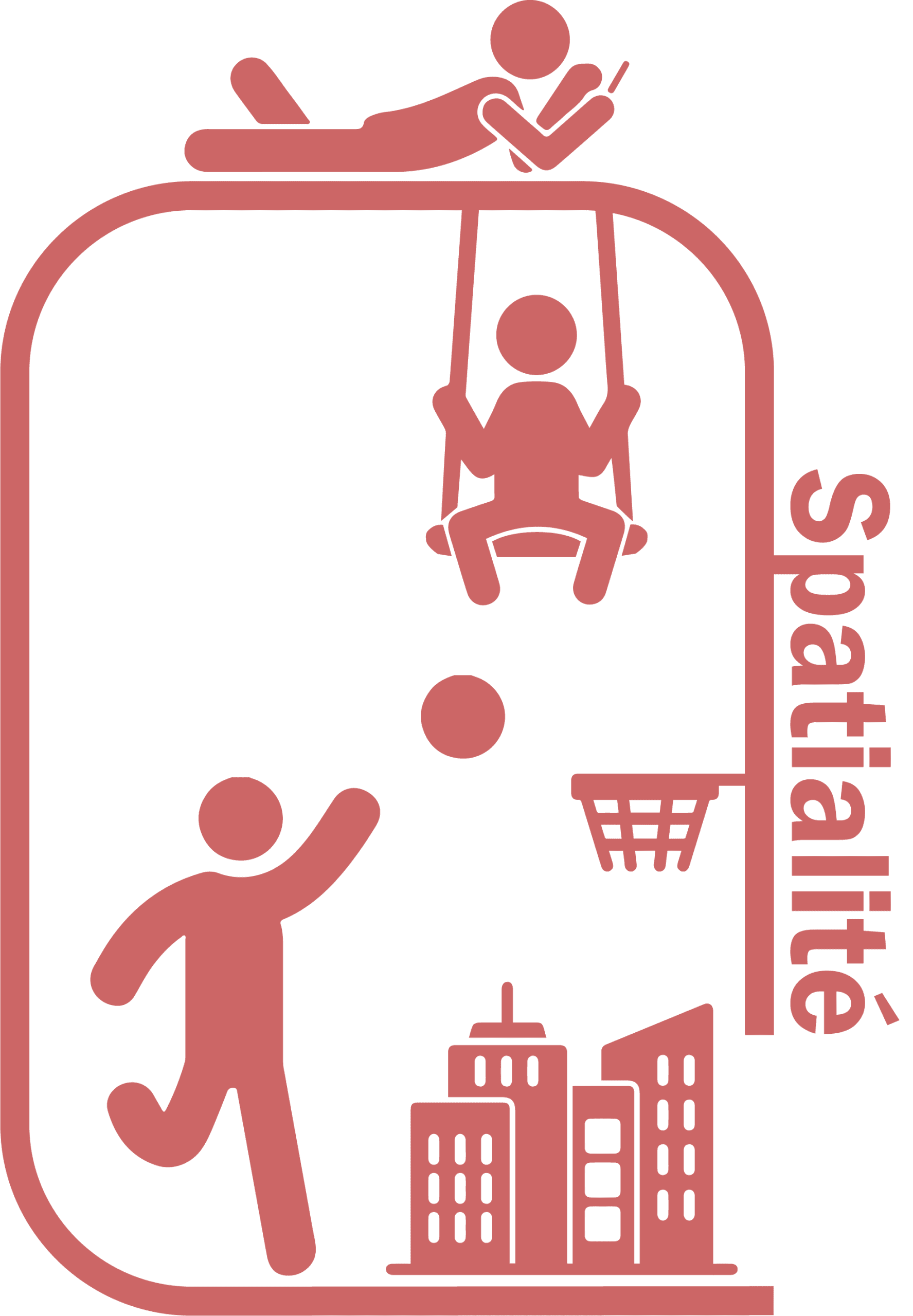 Pictogramme rouge illustrant la spatialité et diverses activités urbaines.