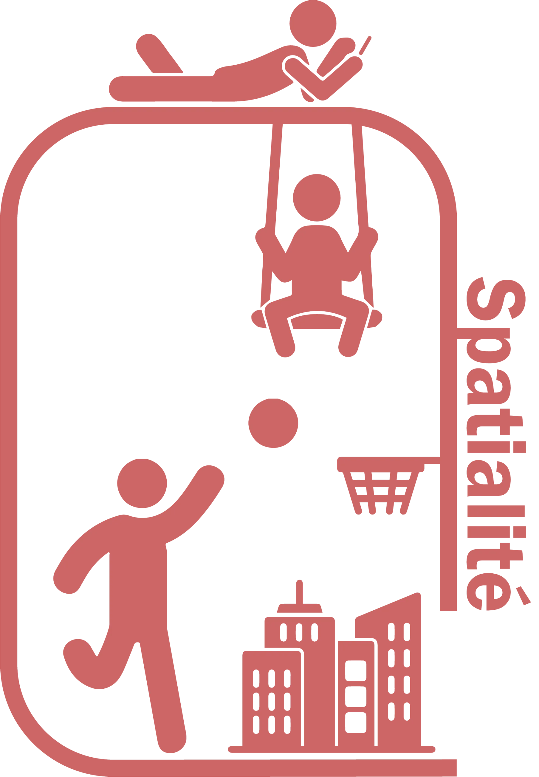 Pictogramme rouge illustrant la spatialité et diverses activités urbaines.