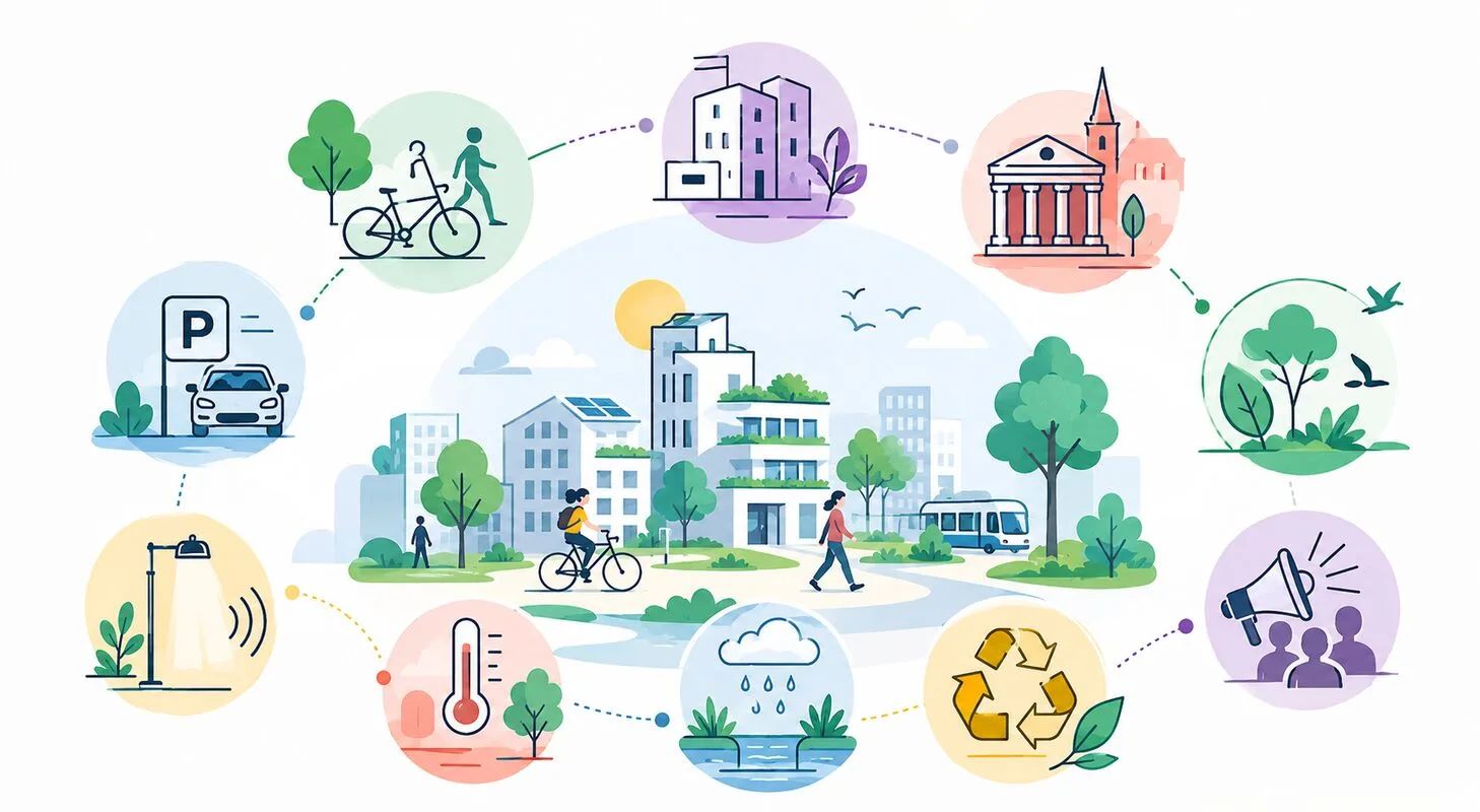 Illustration d'une ville intelligente et durable avec services connectés.