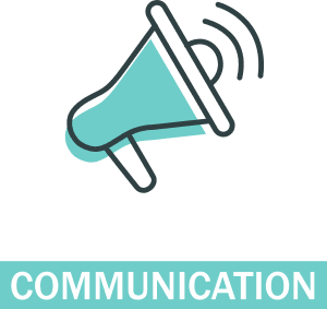 Icône de mégaphone avec le texte communication.