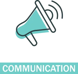 Icône de mégaphone avec le texte communication.