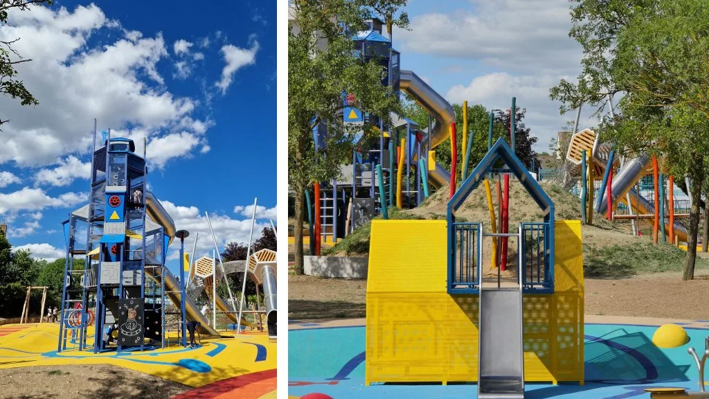 Aire de jeux moderne et colorée sous ciel bleu.