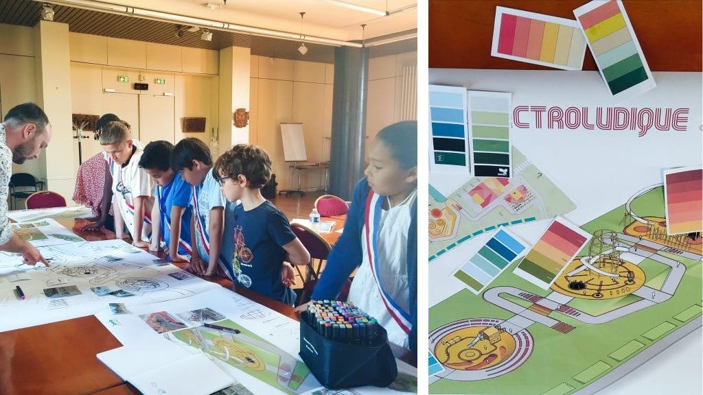Enfants et adulte examinant des plans d'aménagement urbain colorés.