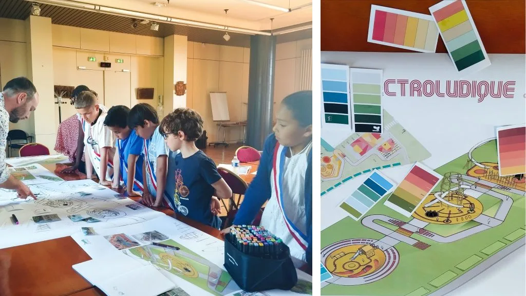 Enfants et adulte examinant des plans d'aménagement urbain colorés.