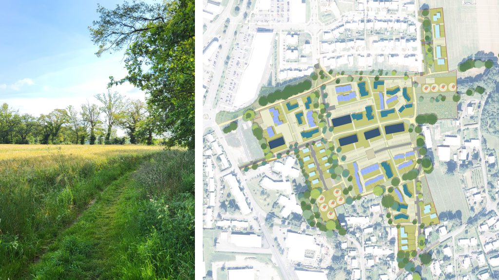 Plan d'urbanisme juxtaposé à une photo de terrain naturel.