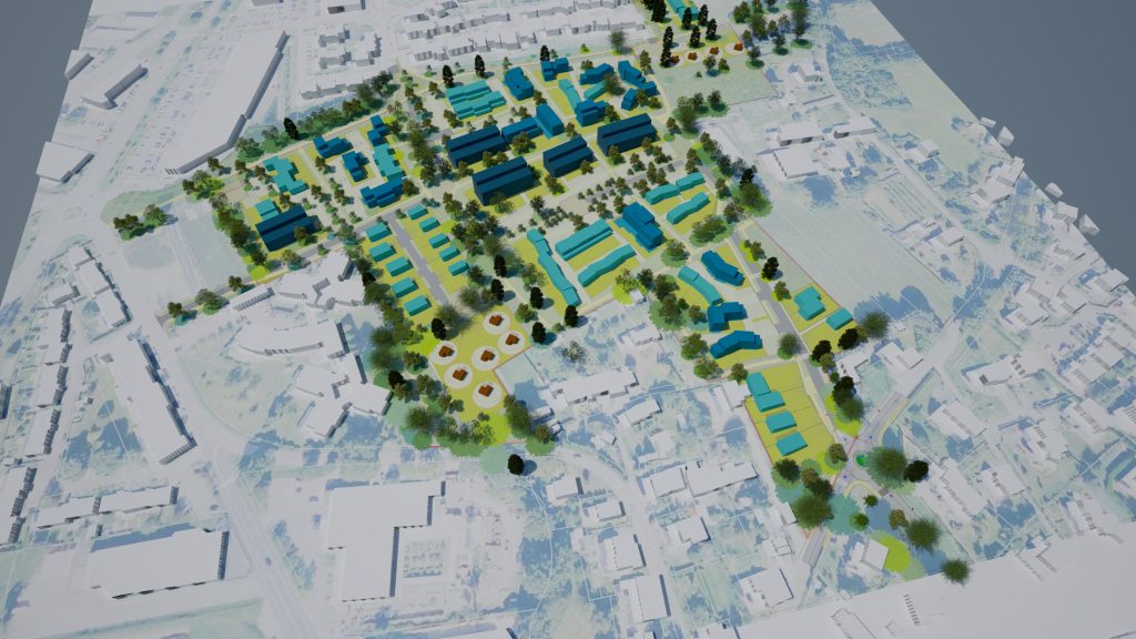 Maquette 3D d'un projet de développement urbain moderne et végétalisé.