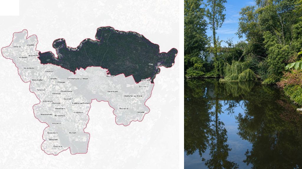 Carte de Haguenau et photo d'un étang arboré.